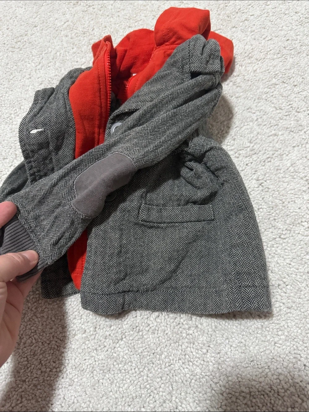 Kids Gray Herringbone Jacket with Red Hooded Liner